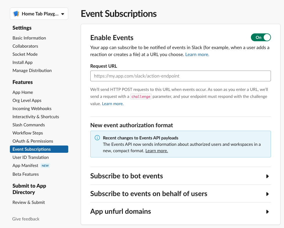 Event Subscriptions toggle