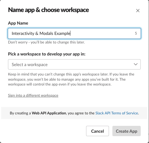 Slack App naming modal